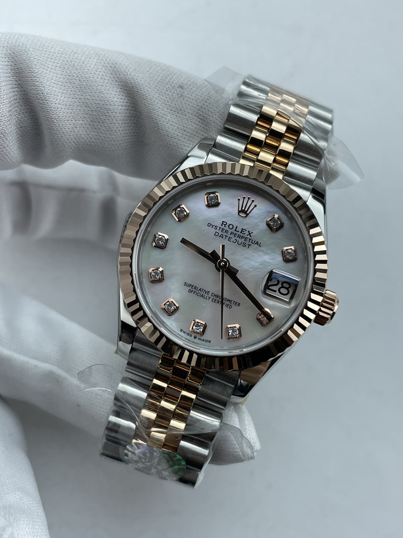 (준비완료/특급배송)NO.3696/롤렉스 데이저스트 31mm 여성용 시계 로즈골드 콤비 자개다이얼 플루티드 베젤 쥬빌레 밴드 (QP공장)